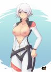  1girl a-y-b bodysuit breasts breasts_outside christie_(doa) dead_or_alive female highres large_breasts nipples no_bra solo standing unzipped white_hair 