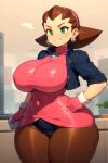 1girl 1girl ai_generated big_breasts bottom_heavy breasts brown_hair capcom child_bearing_hips clothed clothing crop_top cropped_jacket daidouji_(artist) daidoujipv eyes front_view green_eyes grin hair hairband hips human hyper_hips impossible_clothing legs light-skinned_female light_skin medium_breasts mega_man mega_man_legends nipple_bulge pantyhose pink_clothing pink_hairband short_dress slim_thick small_waist standing thick thick_hips thick_thighs thighs thunder_thighs tight_clothing tight_dress tron_bonne upper_body voluptuous voluptuous_female waist wasp_waist wide_hips