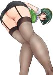  1girl ass breasts female from_below garter_straps green_hair idolmaster konoma legs legs_together looking_at_viewer looking_down miyamoto_issa otonashi_kotori pencil_skirt red_eyes short_hair simple_background skirt solo white_background 