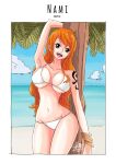 1girl behind_tree big_breasts bikini blue_sky cleavage nami ocean one_piece orange_hair palm_tree posing tagme