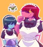  1boy 2_girls 2d 2d_(artwork) 2girls anthro big_breasts blue_skin bowtie breasts butler deltarune digital_media_(artwork) duo_focus female_anthro female_focus female_human female_kris_(deltarune) hair hair_over_eyes happy human kris_(dark_world_form) kris_(deltarune) lanbung maid orange_background pixiv pixiv_id_71770255 purple_skin ralsei ralsei_with_white_fur short_hair simple_background susie_(dark_world_form) susie_(deltarune) third-party_source trio undertale_(series) video_game_character video_games white_fur yellow_sclera 