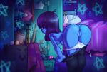  1girl 2d 2d_(artwork) anus aoncyth ass back bed bedroom black_hair blue_body blue_skin breasts closet deltarune digital_media_(artwork) drawer dress dressing_room female_focus female_human female_kris_(deltarune) female_only female_protagonist hair hair_covering_eyes hair_over_eyes high_res human indoors kris_(dark_world_form) kris_(deltarune) nipples panties pillow pussy shield short_hair solo_female sword third-party_source twitter undertale_(series) undressing video_game_character video_games white_panties 