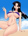 1girl 2d beach big_breasts bikini black_hair blackfire breasts dc_comics eye_contact female_focus female_only guabeyo huge_breasts light-skinned_female light_skin long_hair looking_at_viewer nyabeyo purple_bikini purple_swimsuit sand smooth_skin swimsuit teen_titans thick_thighs under_boob v