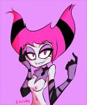  1girl areolae beckoning blush breasts cartoon_network dc_comics eyelashes female female_only gloves half-closed_eyes jinx looking_at_viewer navel nipples norehanaart pink_eyes pink_hair purple_background simple_background small_breasts smile tagme teen_titans teen_titans_go teeth 