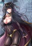  1girl 1girl alluring bangs big_breasts black_eyes black_hair black_nails bodystocking book breasts cape cleavage female_only fire_emblem fire_emblem_awakening long_hair looking_at_viewer nail_polish nintendo spider_web tharja tharja_(fire_emblem) thighs yui_(msy1302mana) 