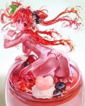  ass back blueberry breasts chikokuma cup drink dripping female finger_to_mouth food food_as_clothes from_behind fruit glass goo_girl hair_ornament highres ice ice_cube in_container leaning_forward liquid_hair long_hair looking_at_viewer looking_back monster_girl nude original pink_skin red_eyes red_hair sideboob solo strawberry thighhighs twintails two_side_up whipped_cream 