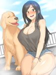 1girl big_breasts blush breasts brown_hair canine cleavage clouds curvy dog erect_nipples excited green_eyes happy hot_pants huge_breasts huge_thighs idolmaster implied_sex kneel long_hair mm_(yoromu) mukai_takumi nipple_bulge nipples open_mouth outside rooftop short_shorts shorts sweat tank_top thick_thighs tongue waifu2x