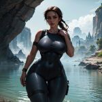  1girl ai_generated big_ass big_breasts brown_hair crystal_dynamics jungle lara_croft stable_diffusion sweat thick_thighs tomb_raider vilacrym 