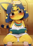 1girl animal_crossing ankha_(animal_crossing) anthro blue_hair blush bodily_fluids book clothed clothing dagasi digital_media_(artwork) domestic_cat dress duo english_text felid feline felis fur hair high_res holding_book holding_object kemono looking_at_viewer mammal markings nintendo ring_(marking) ringtail sitting solo_focus spread_legs spreading sweat sweatdrop tail tail_markings text time_stop yellow_body yellow_fur