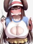 1girl blue_eyes breasts brown_hair cleavage cleavage_cutout clothed game_freak hat huge_breasts light-skinned_female light_skin long_hair metae naughty_face nintendo pokemon pokemon_bw2 rosa_(pokemon) smile twin_buns twin_tails