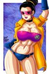  big_breasts breasts chichi choker cosplay crossover dragon_ball dragon_ball_super dragon_ball_z earrings gloves jacket jubilation_lee jubilee jubilee_(cosplay) looking_at_viewer marvel microshorts rodriguesdmarc3 sunglasses weekly_shonen_jump x-men 