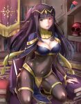 1girl 1girl alluring bangle black_hair blunt_bangs bodystocking bodysuit bracelet breasts bridal_gauntlets cape circlet cleavage covered_navel fire_emblem fire_emblem_awakening haru_(nakajou-28) jewelry long_hair looking_at_viewer nintendo skin_tight smile tharja tharja_(fire_emblem) tiara two_side_up