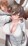  1boy 1girl big_breasts blush boyfriends_shirt breasts brown_hair cleavage closed_eyes couple draph erune_race_(granblue_fantasy) extra_ears galleon_(granblue_fantasy) gran_(granblue_fantasy) granblue_fantasy harvin high_res horns huge_breasts kissing luonawei multicolored_hair no_bra no_panties shirt straight tongue white_shirt wholesome 