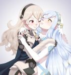  2_girls alluring armor azura_(fire_emblem) black_gloves black_hairband blue_cape blue_hair blush cape closed_mouth commentary_request corrin_(fire_emblem) corrin_(fire_emblem)_(female) cousins dress elbow_gloves fingerless_gloves fingernails fire_emblem fire_emblem_fates gloves grey_background grey_hair hair_between_eyes hairband high_res hugging lips long_hair multiple_girls nintendo one_eye_closed pink_lips red_eyes short_hair simple_background smile tbjj1208 veil very_short_hair white_dress yellow_eyes yuri 