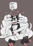 <3_eyes 1_girl 1girl 2boys 2d 2d_(artwork) anthro anthro_on_anthro anthro_only blush bottomless canid canine canis clothed clothing collar couple digital_media_(artwork) dog dog_boy dog_girl dogamy dogaressa doggo_(undertale) domestic_dog erection female_anthro fur furry furry_only genitals group heart hickeybickeyboo high_res humanoid_genitalia humanoid_penis husband_and_wife intraspecies male male/female male/male male/male/female male_anthro mammal mmf monster monster_boy nude nude_female nude_male penis petting shirt surprised_expression tank_top text topwear trio undertale undertale_(series) video_game_character video_games white_body white_fur