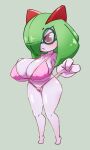  1girl areola_slip big_breasts bikini bikini_pull blush breasts cameltoe clothes_pull glasses green_hair kirlia masked_agent pokemon red_eyes shortstack solo_female swimwear_pull wedgie 