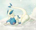 ben300 big_breasts breasts female green_eyes lugia nipples pokemon snow solo