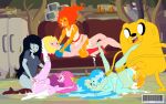 1boy 5girls adventure_time black_hair blonde_hair blue_hair blue_skin cum cum_in_mouth cum_on_face female finn_the_human fire_hair flame_princess grey_skin jake_the_dog marceline orange_skin pink_hair pink_skin princess_bubblegum tiara whycantifindaname yuri