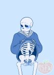  1boy 2020 2020s animated_skeleton artist_logo artist_name blue_background blue_blush blush bottom_sans bottomless embarrassed flashing hoodie_lift hoodie_only looking_at_viewer male male_only nsfwgarbagedump sans sans_(undertale) shy simple_background skeleton solid_color_background solo submissive submissive_male uke_sans undead undertale undertale_(series) 