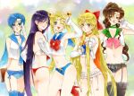 5girls aino_minako alternate_costume ass bad_id bad_pixiv_id becassine bishoujo_senshi_sailor_moon black_panties blonde_hair blue_eyes blue_hair blue_panties blue_sailor_collar book bow bow_panties breasts brown_hair choker cleavage crop_top crop_top_overhang double_bun earrings elbow_gloves eyelashes female_focus finger_in_own_mouth friends frilled_panties frills garter_belt garter_straps glasses gloves gradient_background green_eyes hair_bun hair_ornament hairclip headband hino_rei inner_senshi jewelry kino_makoto long_hair magical_girl midriff mizuno_ami multicolored_background multiple_girls navel older older_female one_eye_closed panties pointing pointing_at_viewer purple_eyes purple_hair red_panties sailor_collar sailor_jupiter sailor_mars sailor_mercury sailor_moon sailor_senshi sailor_venus short_hair signature small_breasts smile stockings thigh_gap thong tsukino_usagi underwear v very_long_hair white_gloves white_panties young_adult young_adult_female young_adult_woman