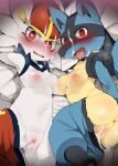 1girl 2_girls anthro anthro_only anthro_penetrated anus big_breasts blush bodily_fluids breasts cinderace color cum cum_in_pussy cum_inside dagasi fur furry_female gen_4_pokemon gen_8_pokemon leaking_cum leaking_pussy lucario nipples pokemon pussy saliva sweat