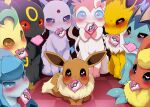  1girl anthro black_fur blacky_(pokemon) blue_eyes blue_fur blush bodily_fluids booster_(pokemon) brown_eyes brown_fur collaborative condom condom_in_mouth creatures_(company) dagasi dark_type_pokemon eevee eeveelution eievui_(pokemon) eifie_(pokemon) electric_type_pokemon espeon fairy_type_pokemon female_anthro female_only fire_type_pokemon flareon flora_fauna fur furry game_freak gen_1_pokemon gen_2_pokemon gen_4_pokemon gen_6_pokemon glaceon glacia_(pokemon) grass_type_pokemon green_fur ice_type_pokemon jolteon leaf_tail leafeon leafia_(pokemon) light_blue_fur looking_at_viewer nintendo normal_type_pokemon nymphia_(pokemon) orange_fur pink_fur pokemon pokemon_(anime) pokemon_(creature) pokemon_(game) pokemon_(species) pokemon_diamond_pearl_&amp;_platinum pokemon_dppt pokemon_heartgold_and_soulsilver pokemon_hgss pokemon_red_green_blue_&amp;_yellow pokemon_rgby pokemon_species pokemon_x_&amp;_y pokemon_xy pokemon_xy_(anime) porkyman psychic_type_pokemon purple_fur showers_(pokemon) sylveon tail text thunders_(pokemon) umbreon vaporeon video_game_character water_type_pokemon yellow_fur 