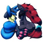 amanekomee ass blue_eyes breasts couple female hindpaw looking_at_viewer lucario lying pawpads paws plain_background pokemon pokemorph red_eyes tongue tongue_out zoroark