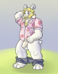  1boy 2d 2d_(artwork) anthro anthro_only asgore_dreemurr balls barefoot blueballs_(artist) blush boss_monster caprine clothing digital_media_(artwork) embarrassed english_text facial_hair flaccid front_view furry furry_only goat goat_horns hand_behind_head hawaiian_shirt horn horns male male_anthro male_only mammal musclegut pants pants_around_ankles pants_around_legs pants_down pants_pulled_down penis solo solo_anthro solo_male standing tail tail_tuft text uncut undertale undertale_(series) video_game_character video_game_franchise video_games white_fur 