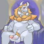  1boy 2010s 2015 2d 2d_(artwork) anthro anthro_only asgore_dreemurr balls blush boss_monster cape cape_only caprine crown digital_media_(artwork) dilf embarrassed furry furry_only genitals goat grey_background humanoid_penis king loverslessthanthree male male_anthro male_only mammal penis pubes simple_background sitting sitting_on_throne solo_anthro solo_male throne undertale undertale_(series) video_game_character video_game_franchise video_games white_fur 