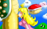   2013 anthro blonde_hair blue_eyes blush breasts crown dragon erection fellatio female hair human hybrid long_hair male super_mario_bros. oral oral_sex penis pointsxt princess red_shell reptile royalty scalie sex shell turtle  