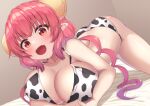 1girl big_breasts bikini cow_print cow_print_bikini happy horns ilulu_(dragon_maid) looking_at_viewer miss_kobayashi's_dragon_maid open_mouth pink_eyes pink_hair pointy_ears shortstack solo_female solo_focus