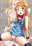  1girl bdsm blonde_hair blue_eyes blush collar cuffs hair_ornament hairclip hidaka_toworu jumper kousaka_kirino long_hair ore_no_imouto_ga_konna_ni_kawaii_wake_ga_nai panties shackle shackles slave solo thighhighs toworu_(fox) underwear 