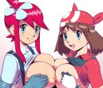 2_girls 2girls alluring apostle_(artist) bandanna big_breasts blue_eyes blue_gloves blush breast_grab breast_press breasts breasts_out breasts_outside brown_hair cleavage creatures_(company) elbow_gloves erect_nipples female female_only fuuro_(pokemon) game_freak gloves gym_leader hair_ornament happy haruka_(pokemon) huge_breasts humans_of_pokemon looking_at_viewer may_(pokemon) multiple_girls neck nintendo nipples nipples_touching no_bra open_mouth pokemon pokemon_(anime) pokemon_(game) pokemon_black_2_&_white_2 pokemon_black_and_white pokemon_bw pokemon_bw2 pokemon_diamond_pearl_&_platinum pokemon_dppt pokemon_rse red_hair shiny_hair shiny_skin shirt shirt_lift short_hair sideboob skin skyla_(pokemon) smile suspenders symmetrical_docking teeth upper_body yuri