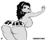 big_breasts breasts ear_piercing earrings funny gammanaut hairband hanging_breasts huge_breasts jewelry long_hair looking_back monochrome motion_lines original original_character piercings sideboob smile solo topless wide_hips