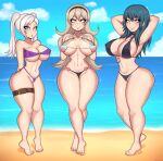 1girl 3_girls alternate_costume barefoot beach between_labia big_breasts bikini black_bikini breasts brown_hair byleth_(fire_emblem) byleth_(fire_emblem)_(female) byleth_(summer)_(fire_emblem)_(female) corrin_(fire_emblem) corrin_(fire_emblem)_(female) corrin_(summer)_(fire_emblem)_(female) drunkavocado feet female_only fire_emblem fire_emblem:_three_houses fire_emblem_awakening fire_emblem_cipher fire_emblem_fates fire_emblem_heroes innie_pussy nintendo ocean red_eyes robin_(fire_emblem) robin_(fire_emblem)_(female) robin_(summer)_(fire_emblem)_(female) shell_bikini teal_hair thick_thighs white_hair wide_hips