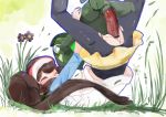 1girl axew brown_hair censored closed_eyes double_bun hair hair_bun happy_sex hat headgear hetero legs_up long_hair mei_(pokemon) missionary mmm nintendo pantyhose penis pokemon pokemon_(game) pokemon_bw2 raglan_sleeves sex skirt torn_clothes torn_pantyhose twintails vaginal visor_cap