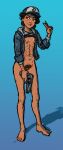  1girl baseball_cap blue_background blue_jacket brown_eyes brown_hair clementine_(the_walking_dead) dark-skinned_female dark_skin feet female_human female_only gun hat headwear nipples partially_clothed pears_(artist) pose posing pubic_hair sketch small_breasts smile solo_female solo_focus the_walking_dead the_walking_dead:_the_final_season the_walking_dead_game weapon 