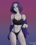 1girl black_bra black_panties blush bra breasts dc_comics erect_nipples foxylilith grey_skin looking_away medium_breasts navel nipples nipples_visible_through_clothing panties panty_pull purple_eyes purple_hair pussy pussy_peek rachel_roth raven_(dc) short_hair shy standing tagme teen_titans thong thong_pull undressing