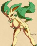 2013 anthro belly bent_over breasts brown_eyes brown_fur brown_nose brown_skin creatures_(company) eeveelution female furry game_freak gen_4_pokemon green_fur green_skin leaf_tail leafeon leafia_(pokemon) lips looking_at_viewer midriff navel nintendo nipples nude pokemon pokemon_(anime) pokemon_(creature) pokemon_(game) pokemon_(species) pokemorph pussy scificat smile solo standing tail thighs video_games white_skin wide_hips