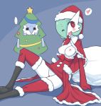  2girls alternate_color boots breasts christmas cosplay elbow_gloves gardevoir gloves ikanomaru multiple_girls pokemon thighhighs wink 