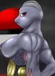  areola bald belt big_breasts breasts erect_nipples female frown huge_breasts looking_at_viewer machoke monkeyxflash muscles nipples pokemon pokã©mon red_eyes topless unimpressed 