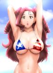  1girl america american_flag_bikini armpits arms_up bikini breasts brown_eyes cleavage day drill_hair earrings flag_print heroman jewelry large_breasts lips long_hair micro_bikini navel outdoors red_hair skindentation solo string_bikini swimsuit ueyama_michirou underboob vera_collins 