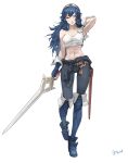  1girl abs alluring arm_up armpits athletic_female bangs belt blue_eyes blue_footwear blue_gloves blue_hair brown_belt closed_mouth crop_top falchion_(fire_emblem) female_abs female_only fingerless_gloves fire_emblem fire_emblem_awakening fit_female full_body gloves gluteal_fold high_res holding holding_sword holding_weapon long_hair lucina lucina_(fire_emblem) midriff nintendo one_eye_closed ozkh ozkh6 pink_lips scabbard signature smile standing stomach sweat sword tank_top tiara tied_sweater towel weapon white_background white_towel wrist_cuffs 