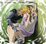 against_wall age_difference apron blonde_hair blush breasts brown_hair cum cum_drip cum_inside dress dripping edward_elric female from_behind fullmetal_alchemist hair human incest mother_&_son not_furry open_mouth prosthesis saliva sex shower time_paradox torso_grab trisha_elric