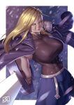 1girl abs big_breasts blonde_hair blue_eyes breasts clothed_female female_focus female_only fullmetal_alchemist long_hair looking_at_viewer mature mature_female olivier_mira_armstrong phoebus_art snowing solo_female solo_focus sword tagme weapon