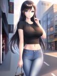  1girl big_breasts black_hair blue_eyes female_only jeans looking_at_viewer navel outside purse shmebulock36 