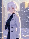 1girl alluring coat female_only gloves looking_at_viewer nakiri_alice outside red_eyes shmebulock36 shokugeki_no_souma short_hair snow snowing white_hair winter winter_clothes