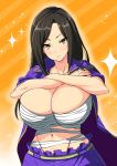  1girl black_hair breast_suppress breasts bursting_breasts cinderella_girls_card_parody cleavage huge_breasts idolmaster idolmaster_cinderella_girls long_hair looking_at_viewer midriff mukai_takumi navel nekomamire parody pout sarashi serious sleeves_rolled_up solo tokkoufuku yellow_eyes 