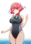  1girl blush breasts competition_swimsuit covered_navel earrings hair_ornament jewelry large_breasts looking_at_viewer one-piece_swimsuit parted_lips pyra red_eyes red_hair short_hair sidelocks simple_background smile swimsuit thighs xenoblade xenoblade_(series) xenoblade_chronicles_2 