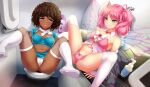  airplane_interior alternate_version_available bathroom belly_button breasts brown_hair censored dark-skinned_female huniepop_2 kyu_sugardust light-skinned_female lola_rembrite official_art panties pink_hair pov pudgy_belly thighs 